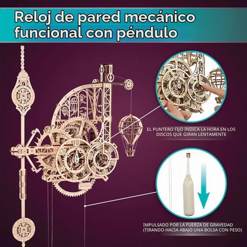 Vista 5 de UGEARS Aero Clock - Rompecabezas 3D de madera para adultos, kit de modelo mecánico de madera para adultos, reloj de pared, rompecabezas 3D con kit