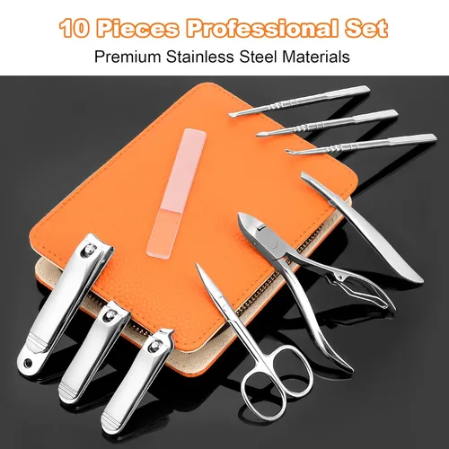 Vista 4 de Juego de manicura profesional para adultos, cortador de uñas de alto grado 10 en 1, cortaúñas encarnadas, pedicura con estuche de viaje de cuero.