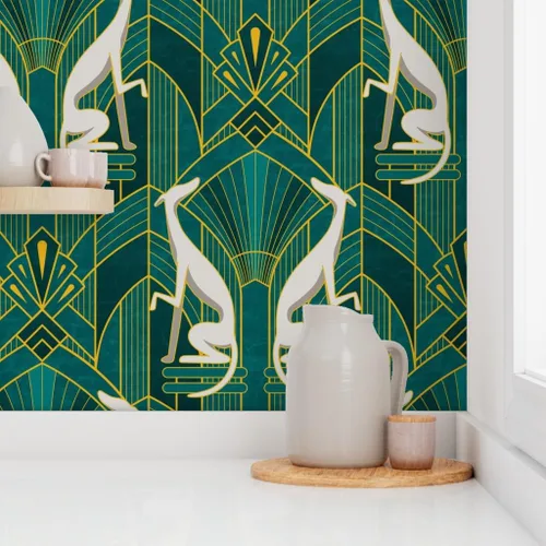 Vista 8 de Papel tapiz para despegar y pegar – Art Deco Greyhounds Teal Gold Grey Dogs Whippet Sighthound - Papel tapiz extraíble personalizado Spoonflower
