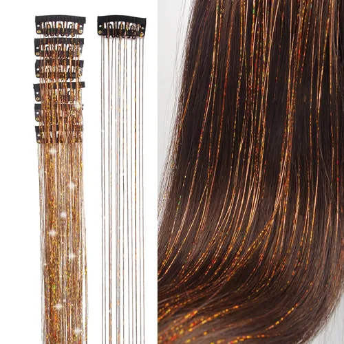 Vista 17 de Extensiones de oropel para el cabello con clip Bronce con reflejos para el cabello 52 cm 6 piezas, cabello de hada multicolor, oropel sintético