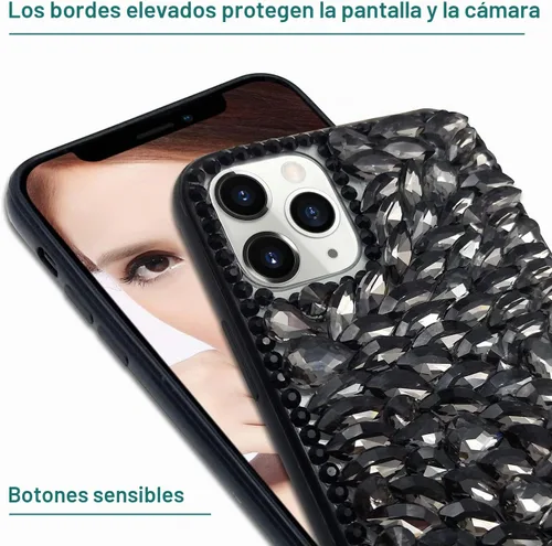 Vista 5 de Funda compatible con iPhone 13 Pro Max para mujer, con purpurina 3D, de lujo, con diamantes de imitación brillantes, con gemas transparentes, bonita