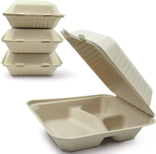 Vista 10 de Green Earth, 6 pulgadas, 125 unidades, almeja compostable de hamburguesa acanalada, BAM ware (fibra de bambú), cajas de comida para llevar