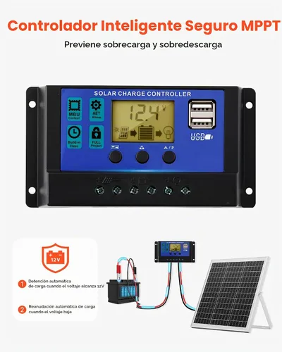 Vista 3 de VEVOR Cargador de Batería de Panel Solar de 20W 12V, Cargador de Goteo Mantenedor de Batería Solar con Controlador MPPT Inteligente y Soporte