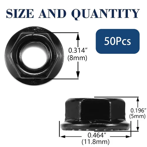 Vista 2 de Tuercas hexagonales de brida dentada M5 x 0.031 in, 50 piezas de acero inoxidable 304 18-8, rosca completa, accionamiento hexagonal, acabado Negro