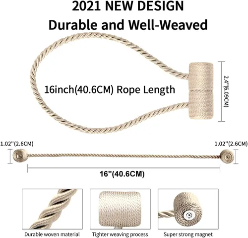 Vista 5 de Alzapaños magnéticos fuertes de 18 pulgadas, sujetadores de cortina modernos, estilo trenzado, cuerda decorativa para cortinas (2 unidades, beige)