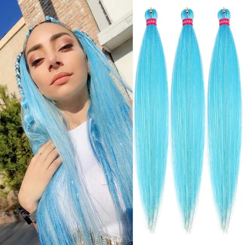 Vista 10 de Cabello trenzado verde con lentejuelas de 26 pulgadas, preestirado, trenzas de textura Yaki, extensiones de cabello pre plumadas, 3 paquetes, fácil