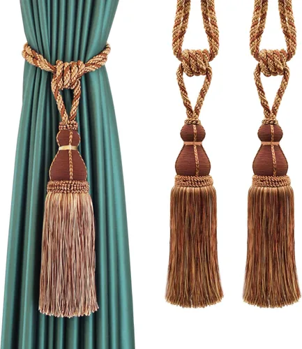 Vista 12 de BEL AVENIR Paquete de 2 alzapaños de cortina con borlas, grandes hechos a mano, cuerda para el hogar, oficina, hotel, elegante decorativo (beige)