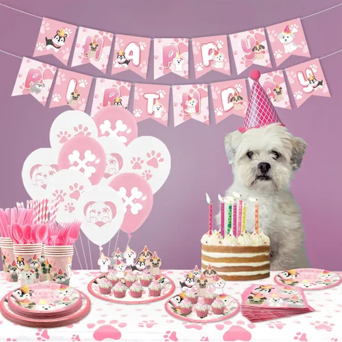 Vista 6 de Decoraciones de fiesta de perro – Suministros de fiesta de cumpleaños de perro para niña, platos de cachorro rosa, vasos, servilletas, mantel