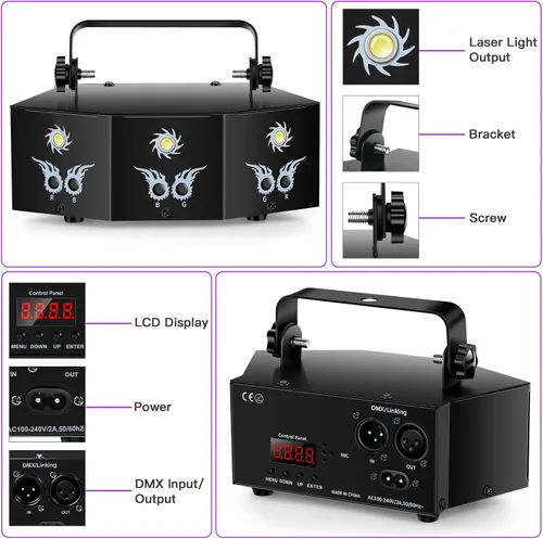 Vista 10 de U`King Luces de fiesta DJ Disco, 9 lentes, soporte de iluminación de escenario DMX512 y sonido activado con control remoto, luces láser