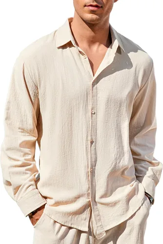 Vista 9 de Camisa de algodón y lino para hombre, con botones, color sólido, para verano, casual, playa, hawaiana