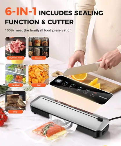 Vista 2 de Máquina selladora al vacío de 75 KPa para alimentos con modos seco/húmedo 6 en 1 y temporizador digital, diseño compacto y ligero, cortador