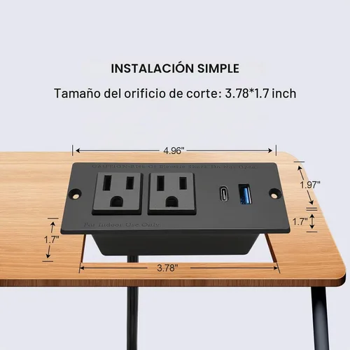 Vista 2 de Regleta de alimentación empotrable USB C, estación de alimentación de escritorio de carga rápida, 2 tomacorrientes, 2 tomas de corriente USB