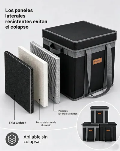 Vista 7 de Bolsas de comestibles reutilizables aisladas con tapa, bolsa enfriadora plegable con cierre de gancho y bucle, forro térmico, parte inferior Gris