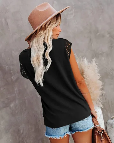 Vista 2 de ETCYY Camisetas de manga casquillo para mujer, con estampado floral, de moda, ajuste holgado, con encaje