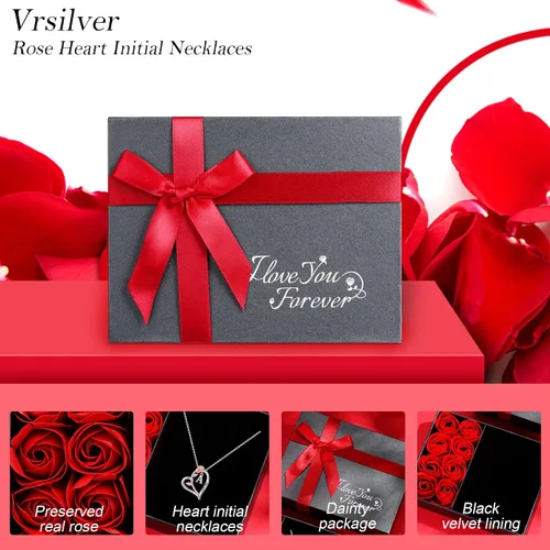 Vista 6 de Collares con inicial de corazón de rosa, regalos para mujeres, adolescentes y niñas, collar con dije de letra de corazón de amor de rosa, joyería