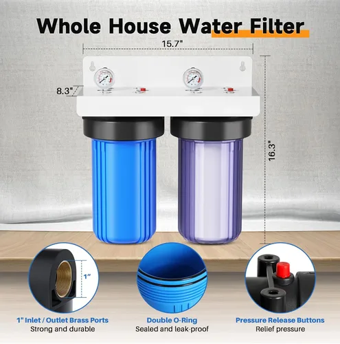 Vista 2 de PUREPLUS Sistema de filtración de agua de 2 etapas para toda la casa, reduce los metales pesados, el cloro y el olor, carcasas de 10 x 4.5 pulgadas