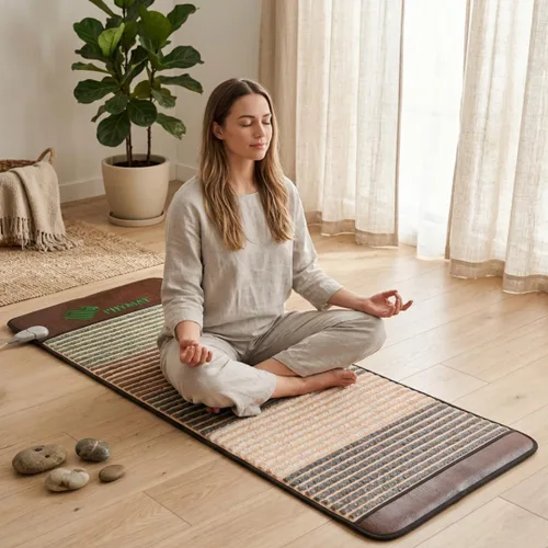 Vista 5 de PHYMAT Alfombrilla térmica de infrarrojo lejano de 59 x 23.6 pulgadas, 4 piedras preciosas naturales y cerámica turmalina, almohadilla de meditación