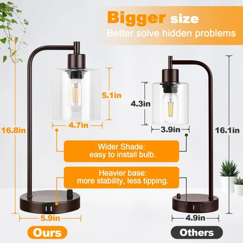 Vista 3 de Lámpara de mesa industrial marrón con 2 puertos de carga USB, totalmente regulable y moderna, lámpara de mesita de noche con pantalla de vidrio