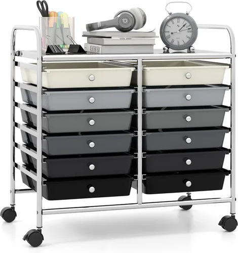Vista 12 de Giantex Carrito con ruedas de 12 cajones, carrito de almacenamiento móvil con cajones, carrito organizador de aula para suministros escolares