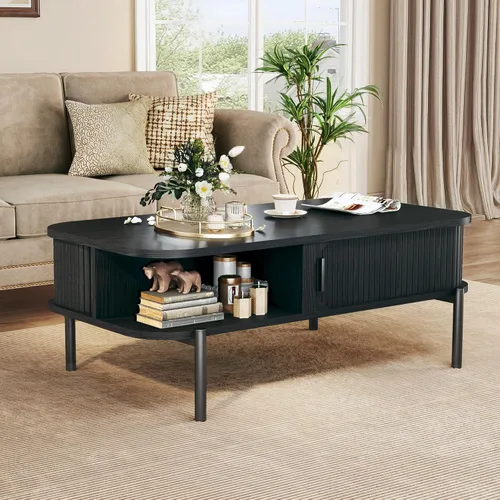Vista 3 de Mesa de café, mesas de café modernas de mediados de siglo de 39.4" para la sala de estar, mesa de café con almacenamiento, estante abierto, mesa