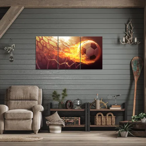Vista 4 de RnnJoile Arte de pared de fútbol de 3 piezas, balón de fútbol, portería de fuego, lienzo, pintura temática deportiva, impresiones para niños