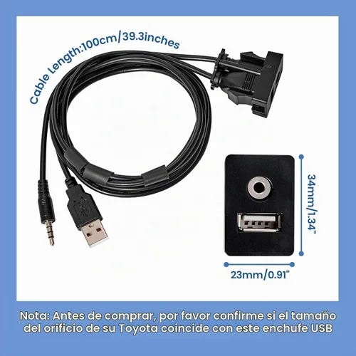 Vista 2 de Anina USB AUX Montaje empotrado para Toyota, cable de extensión AUX de 0.138 in para salpicadero de automóvil macho a hembra, adaptador de enchufe