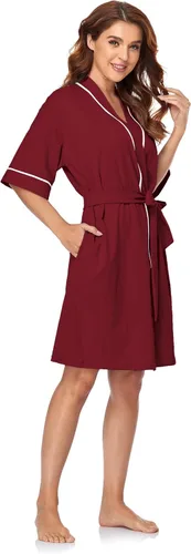 Vista 125 de COLORFULLEAF Bata de baño de manga corta para mujer, 100% algodón, longitud hasta la rodilla, con bolsillos