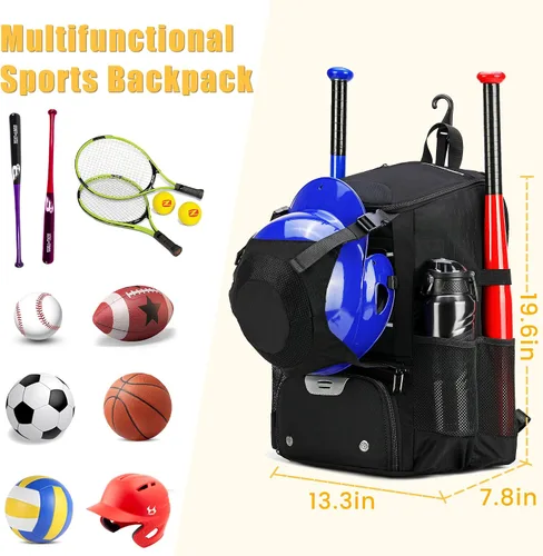 Vista 6 de Mochila para equipamiento de sóftbol, mochila para béisbol para niñas jóvenes y adultas, ligera con compartimento para zapatos, gancho para valla
