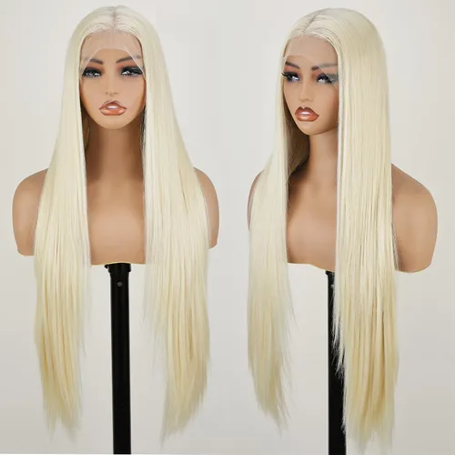 Vista 8 de SOKU 13x6 Peluca de encaje frontal HD transparente de 32" con cabello de bebé sintético pre-depilado resistente al calor de parte libre marrón