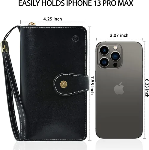 Vista 3 de Cartera de pulsera para mujer, gran capacidad con correa para la muñeca, piel auténtica, embrague triple RFID, bolso de pulsera negro, Negro
