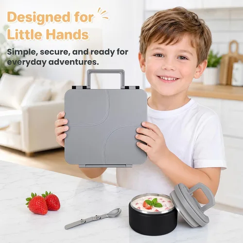Vista 5 de Lonchera Bento para Niños con Termo para Sopa de 8oz, Contenedores de Comida para Almuerzo Impermeables para Niños con 4 Compartimentos, Tarro