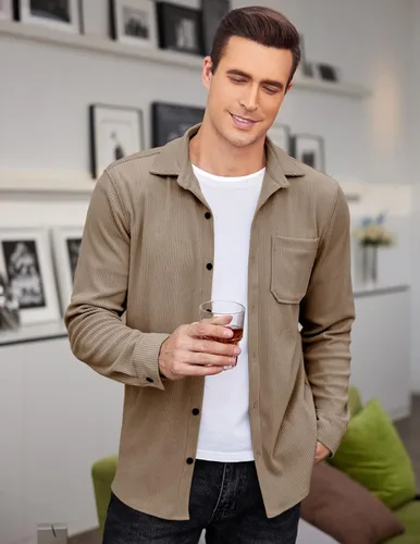 Vista 4 de COOFANDY Men's Corduroy Shirt Casual Shacket Long Sleeve Button Down Lightweight Jacket