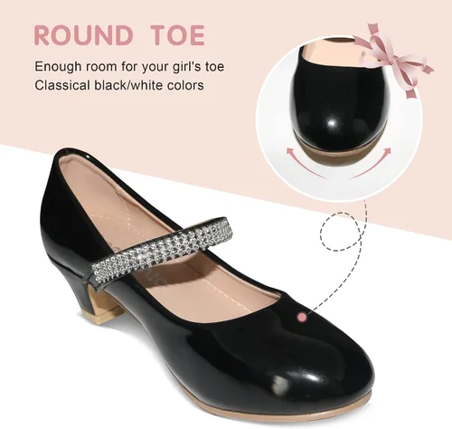 Vista 3 de BESSIVIC Zapatos de vestir para niñas, zapatos Mary Jane para niñas con tacón bajo, zapatos planos de ballet de flores de princesa para bodas