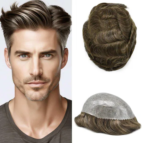 Vista 403 de Toupee para hombre 100% cabello humano real tupé para hombres 0.004 in piel de poliuretano para hombre, sistema de reemplazo de piezas de pelo