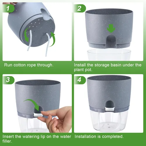 Vista 5 de Oliz - Macetas de 6 pulgadas con riego automático para plantas de interior, juego de 6 macetas de plástico gris con agujeros de drenaje