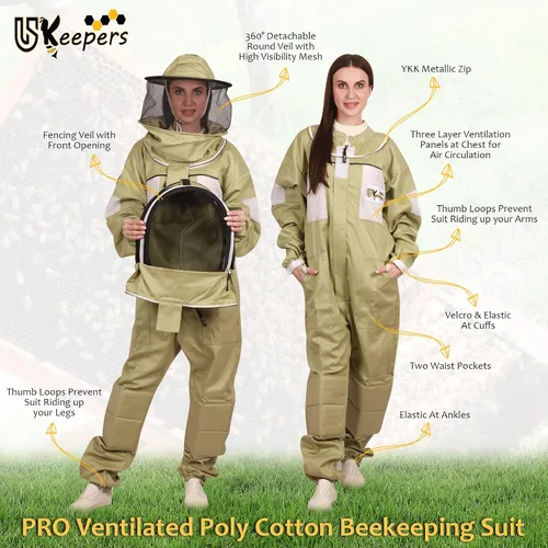 Vista 4 de Traje de apicultura de polialgodón ultra ventilado para hombres y mujeres con guantes y dos velos de apicultura, traje de apicultura profesional