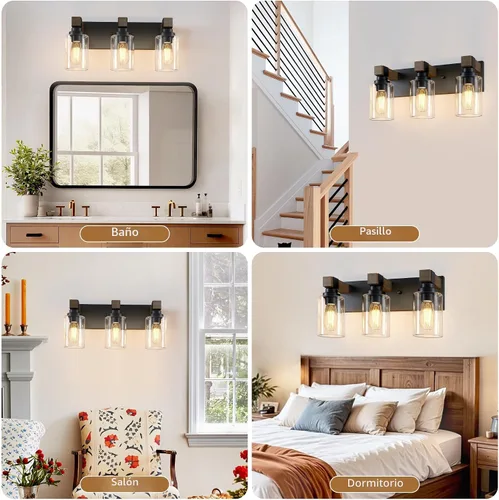 Vista 7 de Accesorios de iluminación de baño de granja, luces de tocador rústicas de 3 luces en madera para baño, iluminación de apliques de pared vintage