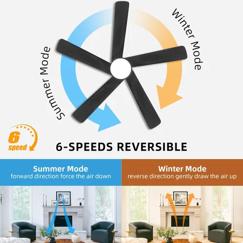 Vista 2 de WINGBO Ventilador de techo CC de 48 pulgadas con luces y control remoto, 5 cuchillas de madera maciza tallada, motor CC reversible de 6 velocidades