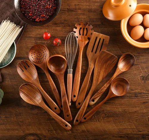 Vista 4 de Juego de 11 utensilios de cocina de madera, cucharas de madera de teca para cocinar, agarre cómodo, resistente, espátulas de madera antiadherentes
