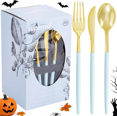 Vista 10 de Supernal 102 cubiertos de plástico dorados, cubiertos dorados con mango negro, colección de cubiertos desechables, incluye 34 tenedores de plástico