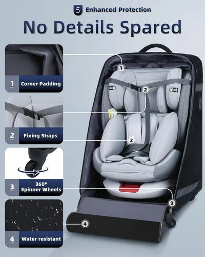 Vista 6 de Bolsa de asiento de coche mochila con ruedas para viajes aéreos, funda acolchada extra grande para asiento de automóvil, bolsa de control de puerta