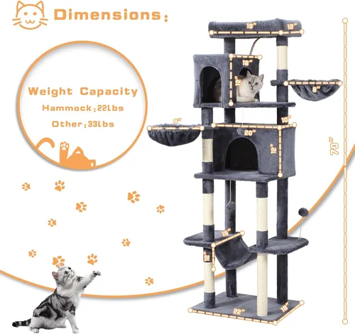 Vista 6 de Letkind Árbol para gatos de 70 pulgadas, torre grande para gatos con hamaca, poste rascador, condominio y torre para gatos de varios niveles