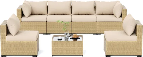 Vista 2 de UDPATIO Muebles de exterior 7 piezas de mimbre para patio, cojín Beige