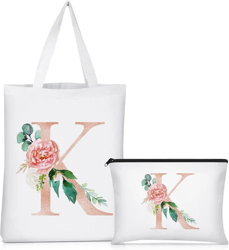 Vista 21 de Sanwuta 2 bolsas de lona con inicial, diseño floral con letras florales, bolsas de cosméticos de viaje, bolsas con monograma para mujer, mujer