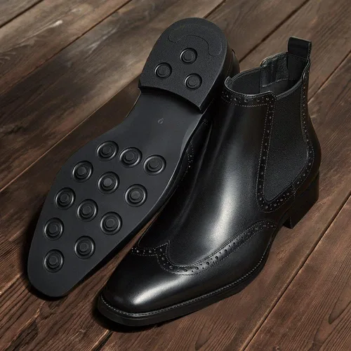 Vista 6 de FRASOICUS Botas Chelsea para hombre, botas de vestir de cuero genuino para hombre