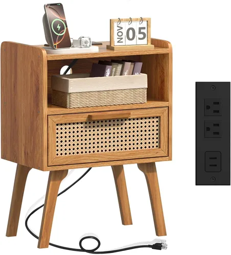 Vista 8 de Lerliuo Rattan Nightstand with Charging Station, Boho Night Stand Natural