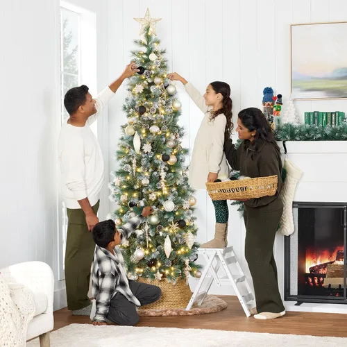 Vista 5 de Best Choice Products Árbol de Navidad delgado preiluminado de 6 pies, decoración delgada de árbol festivo de pino escocés escarchado, árbol delgado