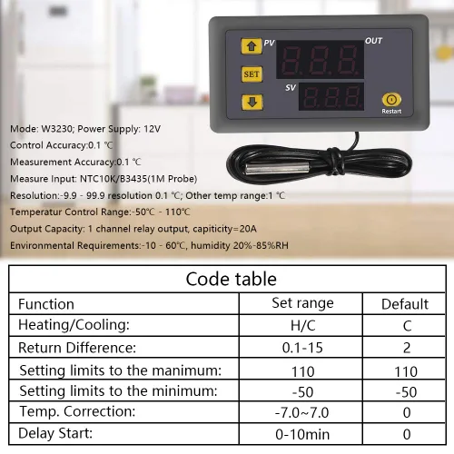 Vista 2 de Controlador digital de temperatura, W3230 AC110-220V LED controlador de temperatura digital Termostato Sensor Medidor (220V)