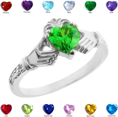 Vista 4 de Anillo Claddagh de oro blanco de 14 quilates con forma de corazón verde CZ con piedras naturales