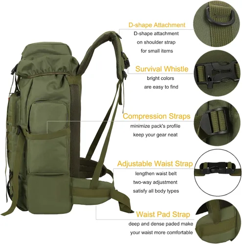 Vista 3 de Mochila de senderismo de 70 l para hombres impermeable militar camping mochila viaje mochila Verde Armada (ArmyGreen)